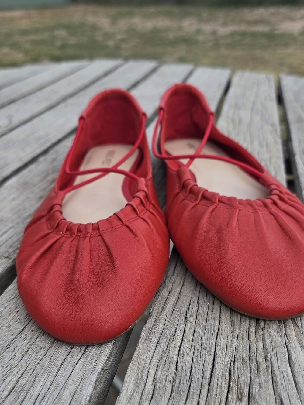 Nine West Red "Maerao" Leather Ballet Flats with Elastic Criss-Cross-Strap - Picture 7 of 10